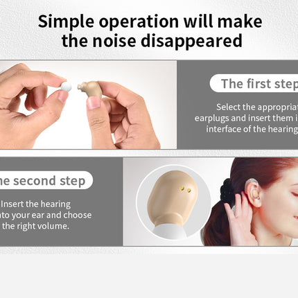 Instructions for using a hearing aid with text and images of hands and a woman wearing a hearing aid.