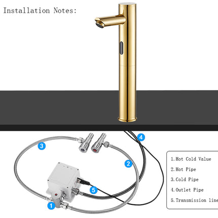 Installation notes diagram showing a gold single-handle faucet above a sink counter, with a lower inset of water supply fittings and tubing labeled 1 through 5, plus a text box listing hot/cold values and pipe definitions.