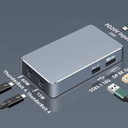 Multifunctional USB-C hub with various ports on a dark gray background