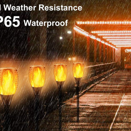 Outdoor lights with 'All Weather Resistance' and 'IP65 Waterproof' text in a rainy setting.