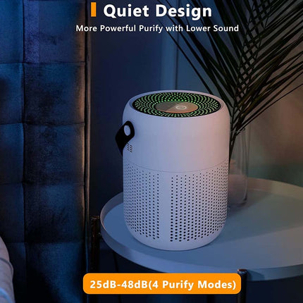 A white cylindrical portable purifier with a green glowing top filter and a black carrying loop, shown on a bedside table in a dimly lit bedroom setting. Text overlays read 'Quiet Design' and '25dB-48dB(4 Purify Modes)'.