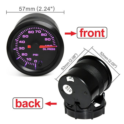 Oil pressure gauge with front and back views and measurements on a white background