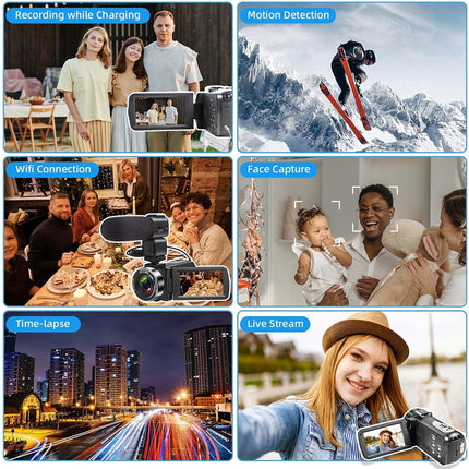 Collage of a camera in various use cases with text labels on a white background.