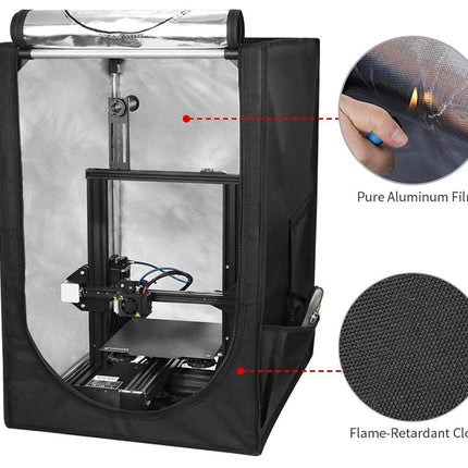 3D printer with protective cover, showing flame-retardant cloth and pure aluminum film features.