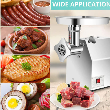 Collage of food items with a meat grinder labeled 'WIDE APPLICATION'.
