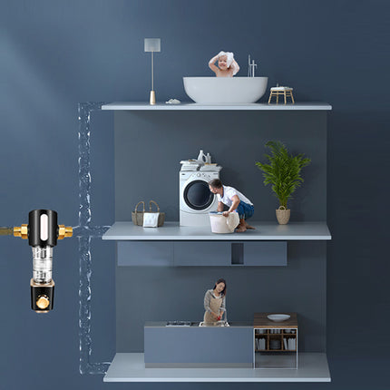 Bathroom setting with a washing machine, sink, and people interacting with it against a blue wall.