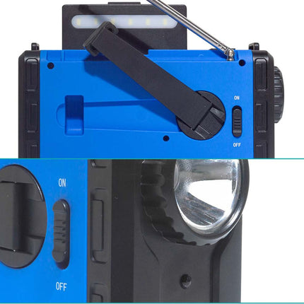 A blue and black portable power bank or emergency radio device with a folding antenna, side buttons, and a close-up inset showing the on/off switch and front light area.
