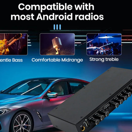 A black multi-channel audio amplifier or receiver shown at an angle over a blue car graphic, with text reading 'Compatible with most Android radios' and three small inset images labeled Gentle Bass, Comfortable Midrange, and Strong treble.
