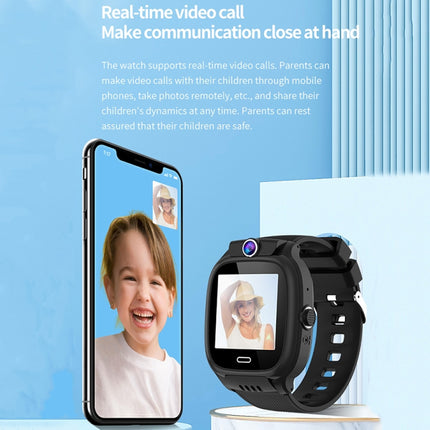 A black kids' smartwatch with a large color screen is shown alongside a smartphone displaying a video call of a child. The image includes marketing text at the top and a light blue background with a vertical ribbed panel on the right.