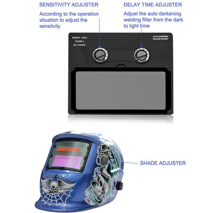 Welding helmet with labeled adjustments on a white background