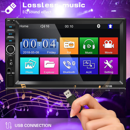 A 2-din car stereo head unit with a touchscreen display, shown against a purple music-themed background. A hand is holding a USB cable near the bottom right, and text overlays highlight features like 'Lossless music', 'EQ sound effect', and 'USB CONNECTION'.