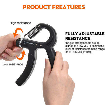 Hand holding a black grip strengthener with text highlighting features on a white background
