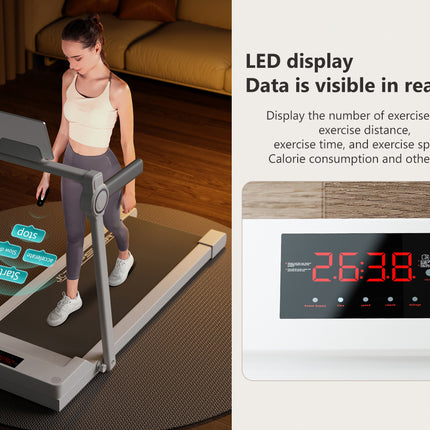 Woman using a treadmill with an LED display showing exercise data.