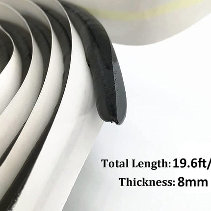Close-up of a roll of white tape with black edges on a white background, showing total length and thickness.
