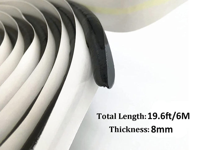Close-up of a roll of white tape with black edges on a white background, showing total length and thickness.