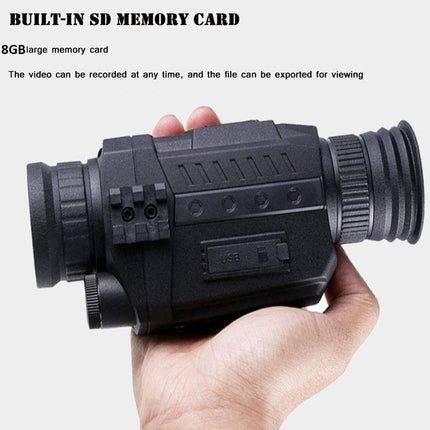 Hand holding a black night vision device with text about built-in SD memory card on a white background