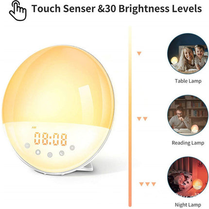 An oval digital alarm clock lamp with a warm yellow glow, featuring a touch sensor and 30 brightness levels, shown alongside three circular lifestyle images demonstrating it as a table lamp, reading lamp, and night lamp.