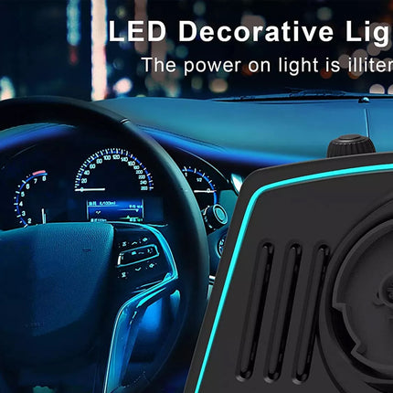 Car interior with LED decorative lights on a blurred cityscape background
