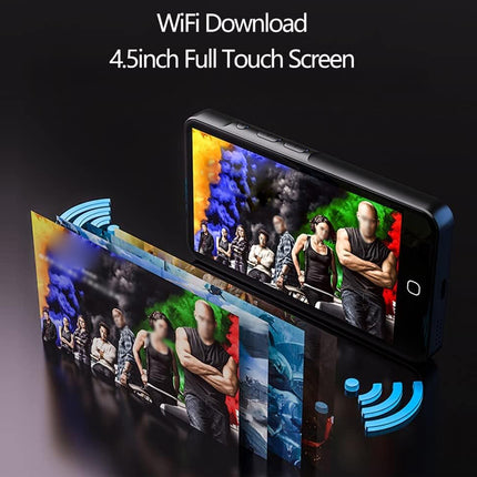 Smartphone with a 4.5-inch full touch screen displaying a colorful interface on a dark background.