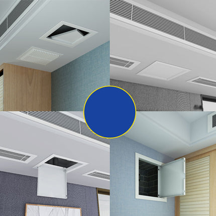 Collage of ceiling air conditioning units in various indoor settings.