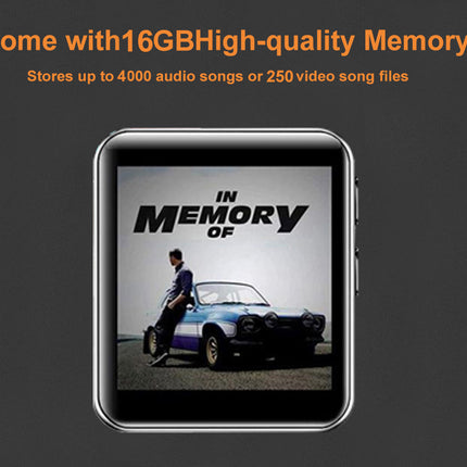 A silver rectangular electronic media player or smart device centered on a dark gray background, with orange promotional text above reading 'Come with 16GB High-quality Memory' and smaller text about storing audio and video songs. The device screen shows album-art imagery with the title 'In Memory of' and a blue car scene.