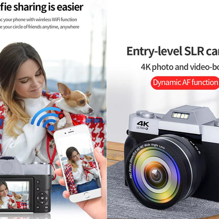 Entry-level SLR camera with 4K photo and video capabilities, shown with a woman and dog using a smartphone.