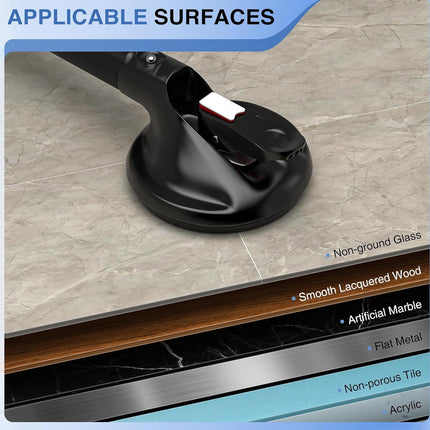 Black suction cup on a surface with text indicating applicable surfaces.