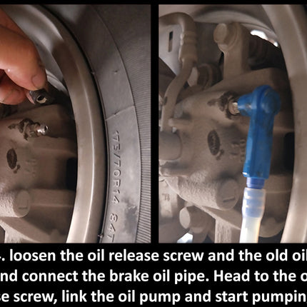 Two-panel instructional photo showing a hand loosening a brake oil release screw and connecting a blue brake oil pipe to the wheel hub area, with overlaid text reading STEP4.