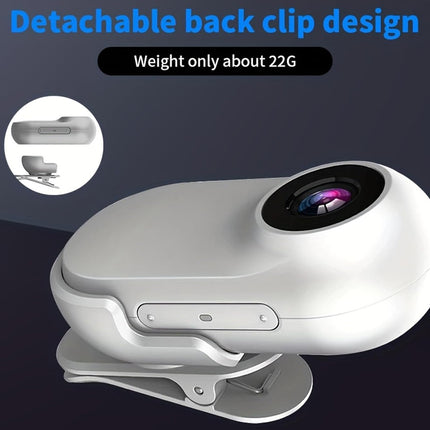 White camera with detachable back clip design on a dark background