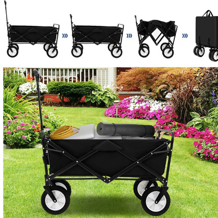 Collapsible garden cart with wheels on a grassy area with flowers