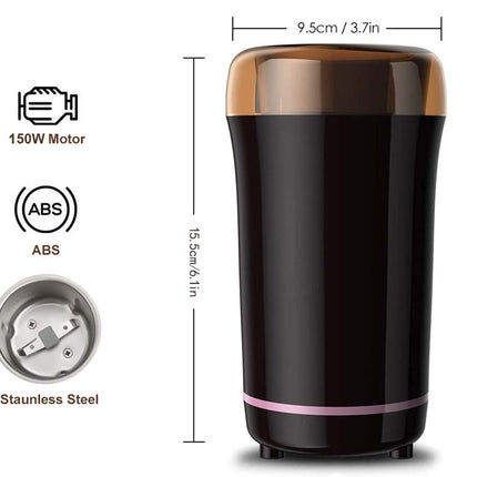 Black coffee grinder with dimensions and material details on a white background