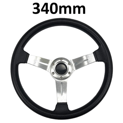 Black steering wheel with silver center and '340mm' text on a white background