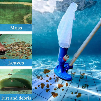 Pool cleaning tool removing moss, leaves, and dirt from a pool.