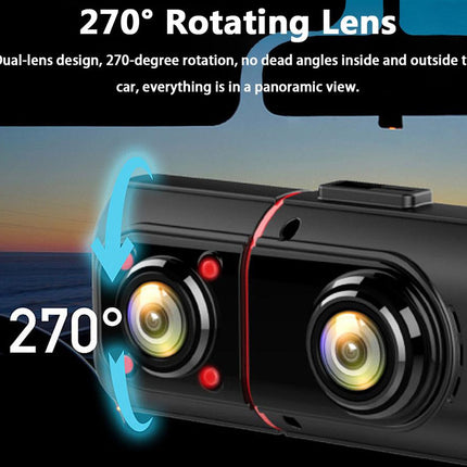 Dual-lens camera with 270-degree rotating lens on a car dashboard, featuring text about its design.