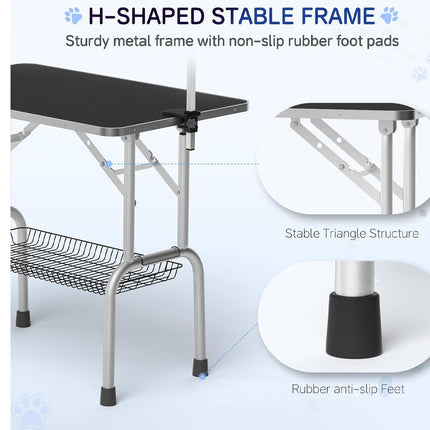 Sturdy metal pet grooming table with H-shaped stable frame and non-slip rubber foot pads on a white background.