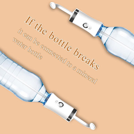 Two clear plastic water bottles with white and silver pour spouts are arranged diagonally on a peach background with promotional text that reads, 'If the bottle breaks it can be connected to a mineral water bottle.'.