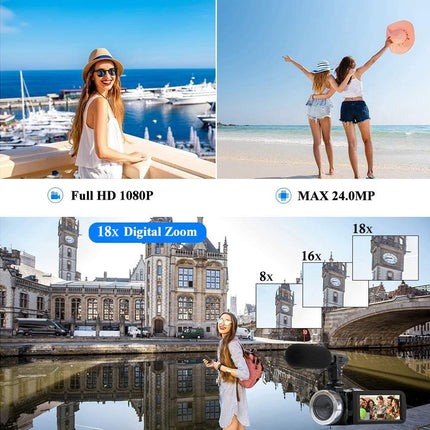Comparison of Full HD 1080P and MAX 24.0MP camera features with scenic shots.