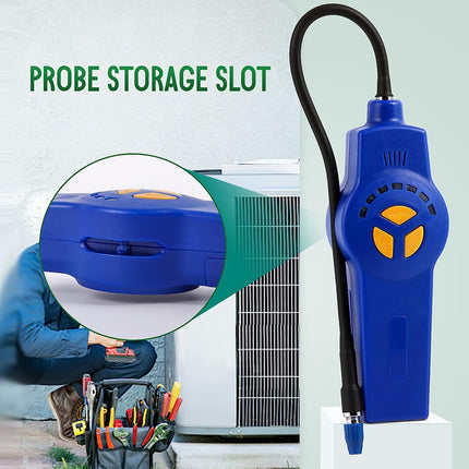 Blue and yellow electronic probe tool with a black cord, shown alongside a circular inset of a blue storage case and a blurred background scene of a person working near an air conditioner. Text reads 'PROBE STORAGE SLOT'.