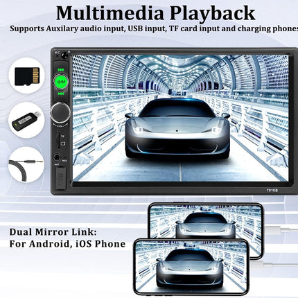 Car multimedia player with screen displaying a car in a tunnel, surrounded by icons and text about features.