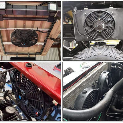 Collage of various vehicle cooling systems with fans and radiators.