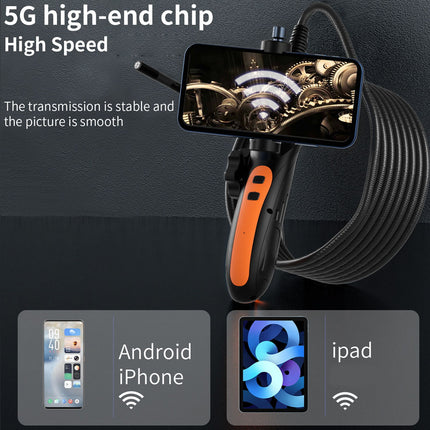 Smartphone with a camera extension and 5G high-end chip feature, showing mechanical gears on a dark background.
