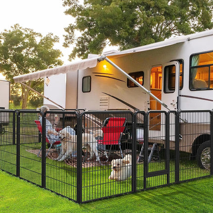 RV with a pet pen setup on a grassy area with trees in the background