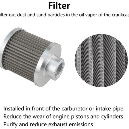 A cylindrical engine oil filter with a pleated gray filter media and silver metal ends, shown on a white background with explanatory text and a circular close-up of the filter mesh. The text reads 'Filter' and lists benefits such as filtering dust and sand particles in oil vapor, reducing wear on engine pistons and cylinders, and purifying exhaust emissions.
