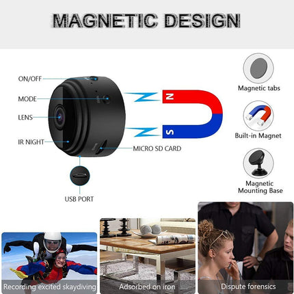 Diagram of a small black device with magnetic design features and usage scenarios.