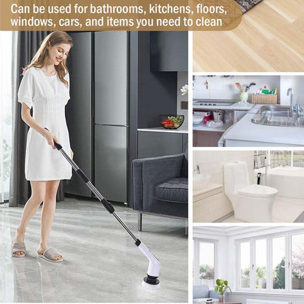 Woman using a cleaning tool in a modern kitchen and bathroom setting.