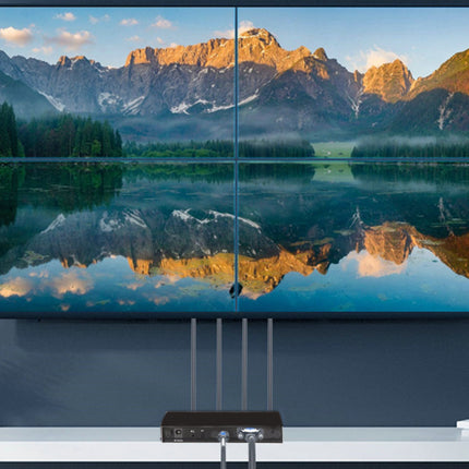Projector displaying a scenic mountain landscape on a screen