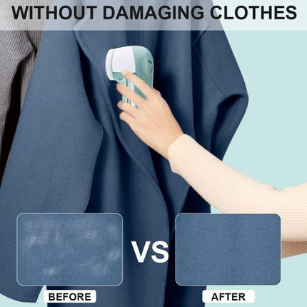 Hand using a garment steamer on a navy blue garment with 'Before' and 'After' comparisons.