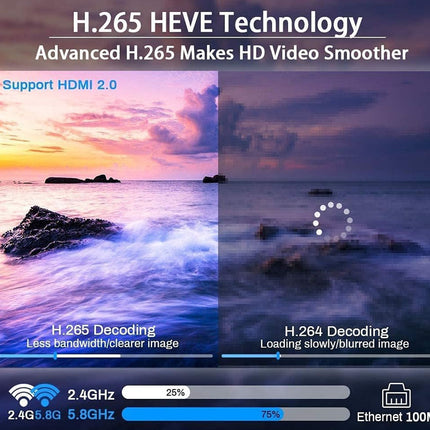 Comparison of H.265 and H.264 decoding on a screen with ocean view background.