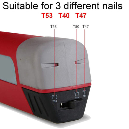 A close-up of a red and gray nail file or sharpening device with black base, labeled with red lines and text reading 'Suitable for 3 different nails T53 T40 T47' on a white background.