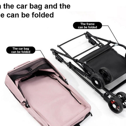 Foldable car bag and frame with text indicating they can be folded.